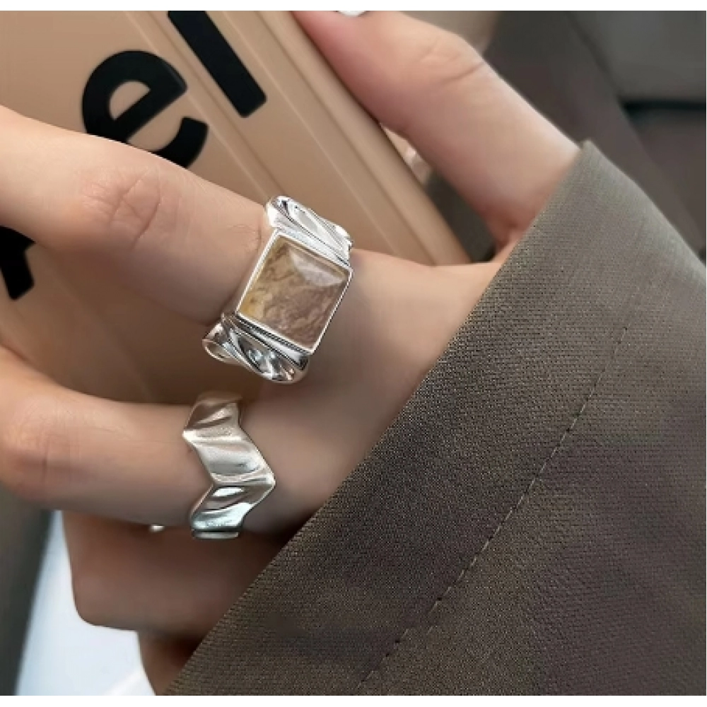 Real 925 Sterling Silver Personality Wave Stone Adjustable Retro Ring Fine Jewelry For Women Party Elegant Accessories